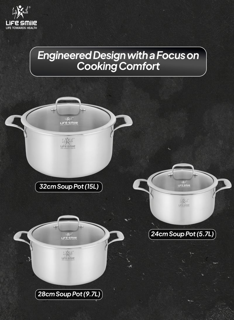Life Smile Stainless Steel Cookware Set – 6 Pieces | 24/28/32cm Soup pot with Lid | Induction Compatible | 304 Stainless Steel Cookwares - Image 3